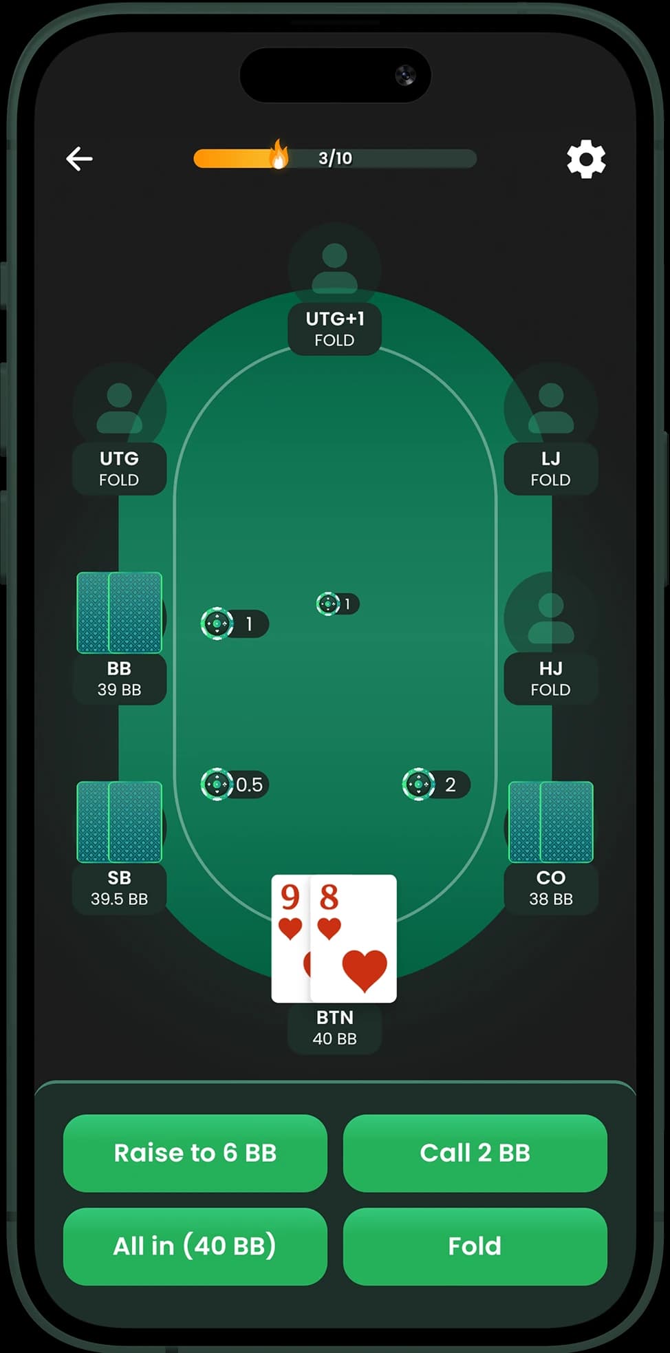 Preflop Poker Trainer app interface on mobile device